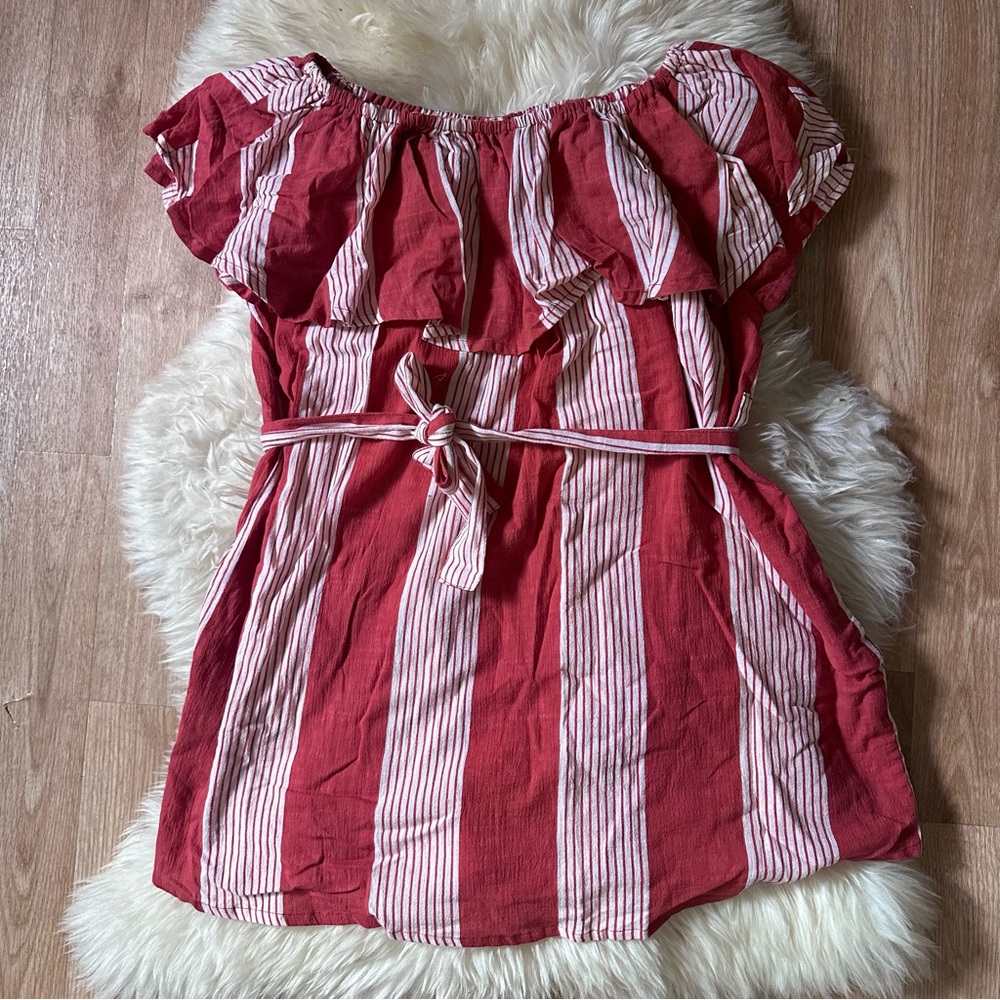 Faithfull the Brand Red Pinstriped Amalfi Off Shoulder Dress - Picture 4 of 6